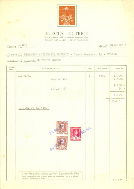 1959 MILANO Editrice ELECTA Fattura con intestazione