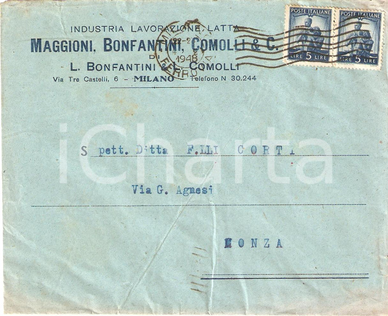 1948 MILANO Industria MAGGIONI BONFANTINI COMOLLI Latta *Busta intestata VG