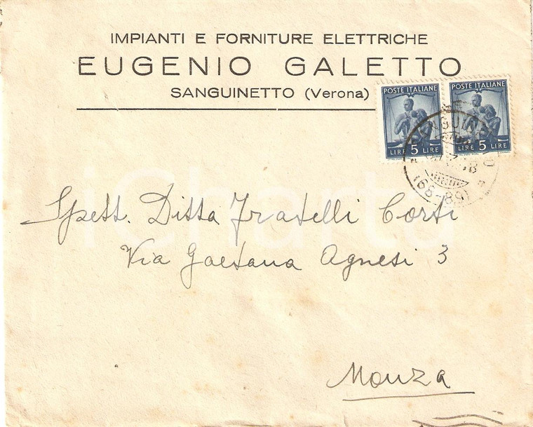 1948 SANGUINETO (VR) Eugenio GALETTO Forniture elettriche *Busta intestata VG