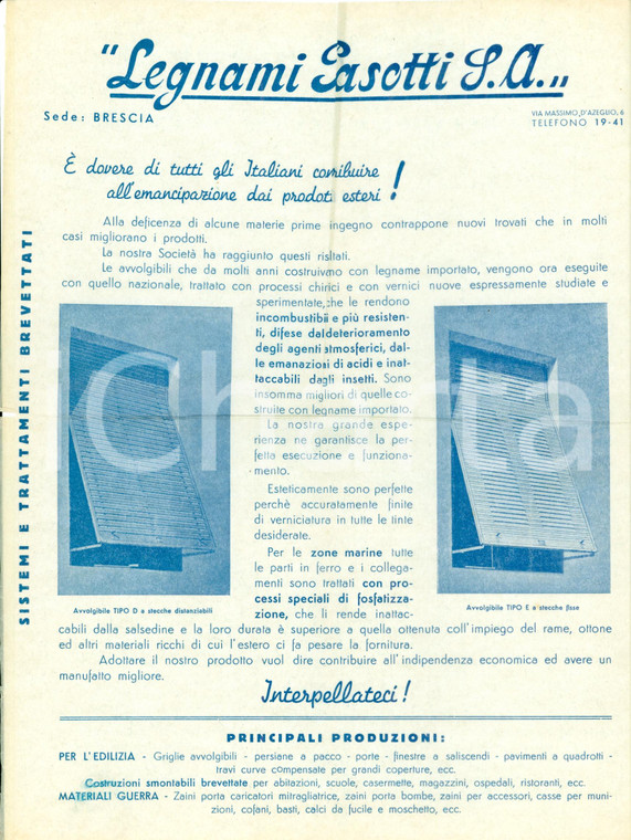 1935 ca BRESCIA Acquistate le finestre nazionali PASOTTI *Volantino AUTARCHIA