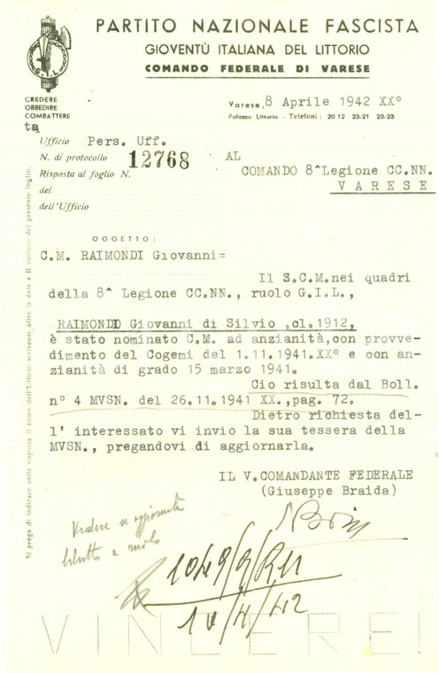 1942 VARESE WWII Giovanni RAIMONDI nominato Capo Manipolo anzianità *Documento