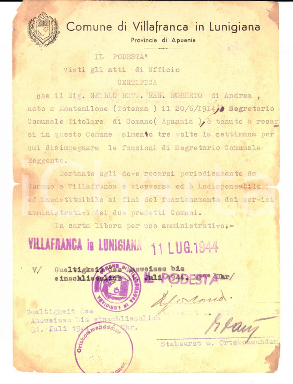 1944 WW2 RSI VILLAFRANCA IN LUNIGIANA Lasciapassare segretario Roberto GRILLO