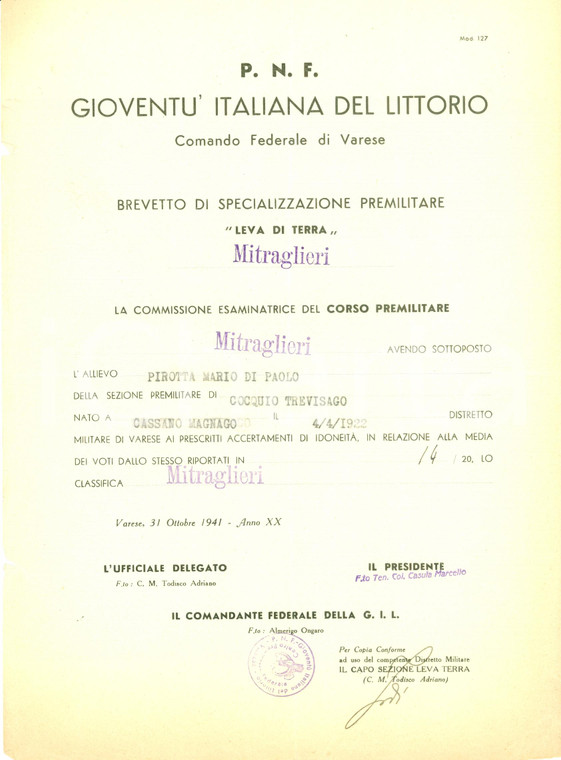 1941 COCQUIO TREVISAGO (VA) Brevetto mitragliere per Mario PIROTTA *Documento