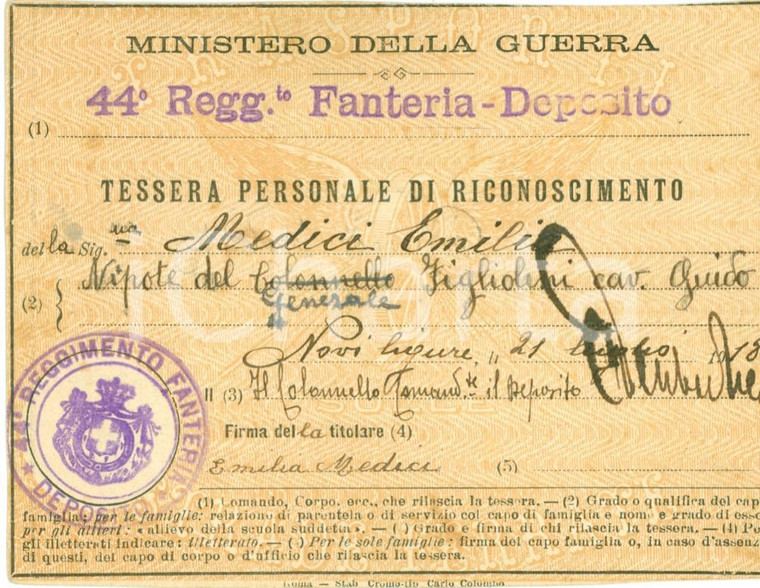 1918 NOVI LIGURE AL WW1 Tessera ferroviaria Emilia MEDICI 44° Regg. Fanteria