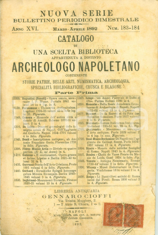 1892 NAPOLI Libreria Gennaro CIOFFI Catalogo biblioteca archeologo napoletano I