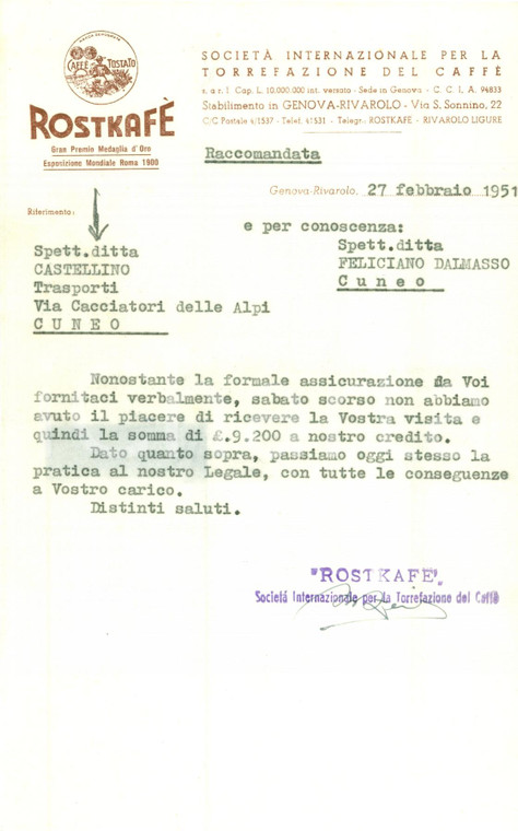 1951 GENOVA Rostkafè contro trasporti CASTELLINO *Lettera