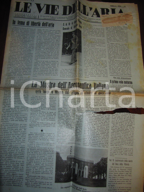 1934 LE VIE DELL'ARIA Mostra Aeronautica Italiana *Giornale DANNEGGIATO