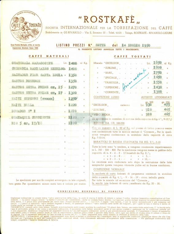 1950 GENOVA Rivarolo ROSTKAFE' Listino prezzi caffè  *LISTINO N. 7