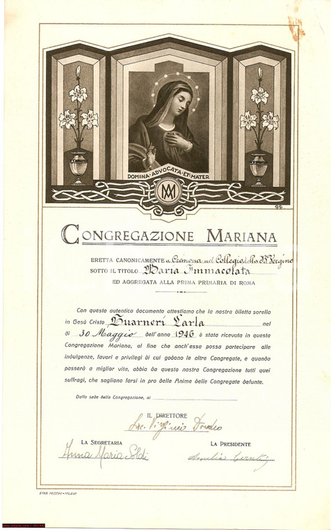 1946 CREMONA Congregazione Mariana certificato GUARNERI
