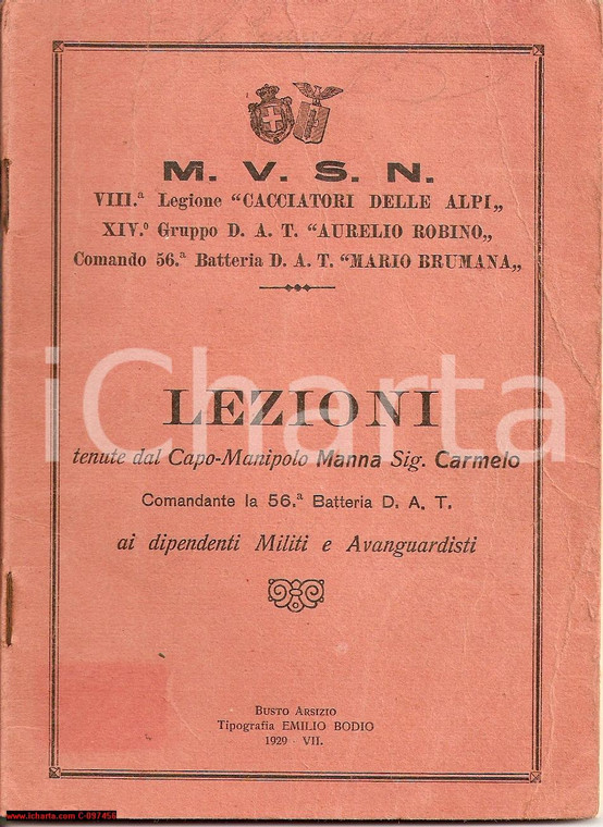1929 LEZIONI ARTE MILITARE Carmelo Manna BELLICA