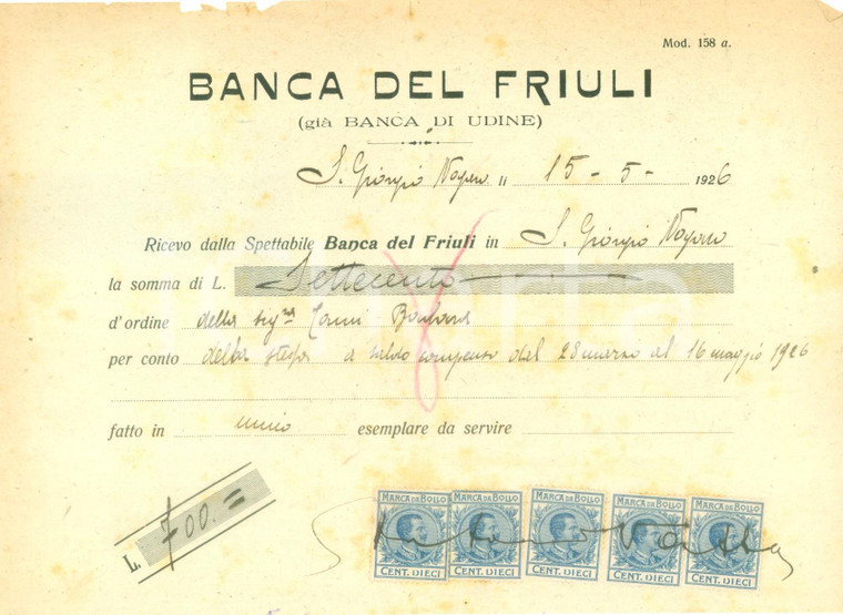 1926 SAN GIORGIO NOGARO (UD) Banca del FRIULI paga compenso Documento