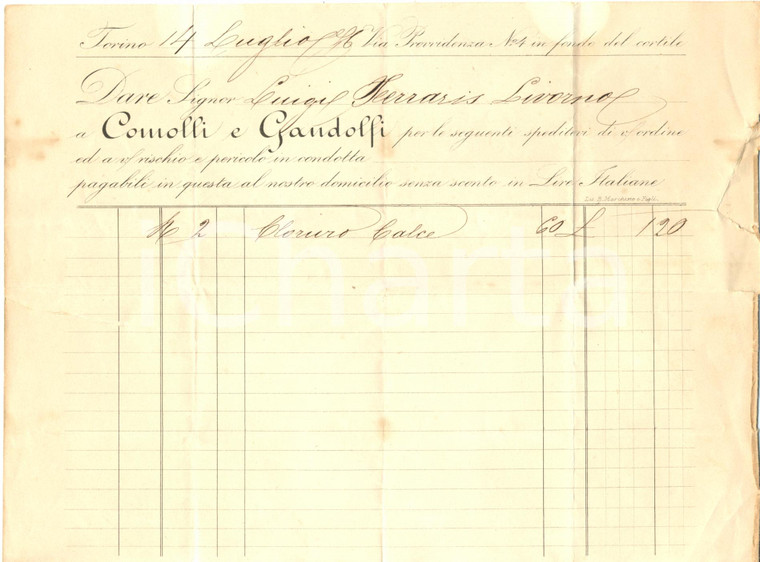 1876 TORINO Ditta COMOLLI & GANDOLFI fornitura cloruro di calce *Fattura
