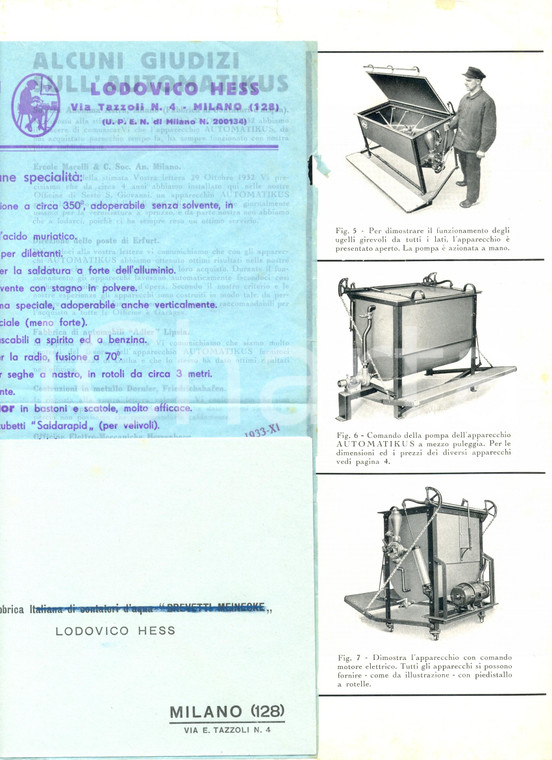 1933 MILANO Ditta Ludovico HESS AUTOMATIKUS per pulizia metalli *Pubblicitario