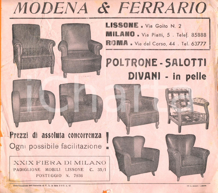 1951 MILANO Ditta MODENA & FERRARIO poltrone e divani in pelle *Pubblicitario