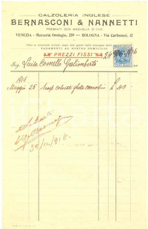 1916 VENEZIA Calzoleria inglese BERNASCONI & NANNETTI scarponcini *Fattura