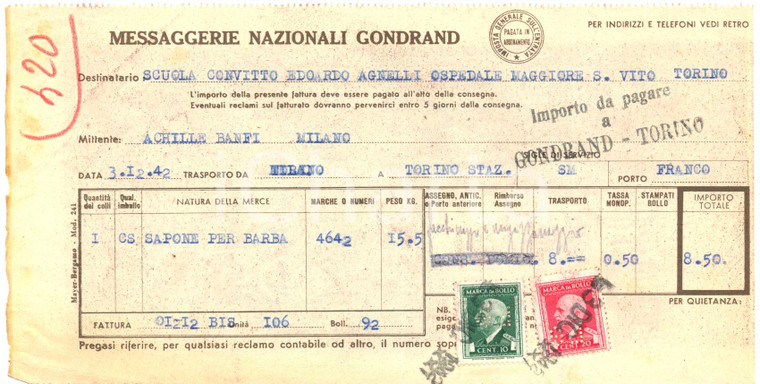 1942 TORINO Messaggerie nazionali GONDRAND trasporto sapone da barba *Fattura