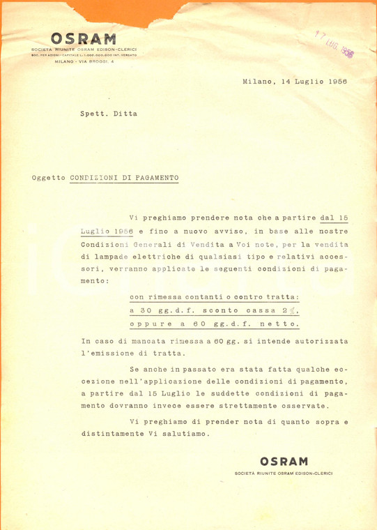 1956 MILANO Società riunite OSRAM EDISON CLERICI lampade elettriche DANNEGGIATA