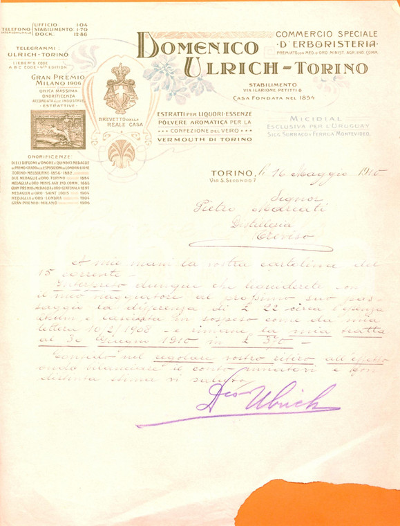 1910 TORINO Domenico ULRICH erboristeria essenze estratti liquori *DANNEGGIATA