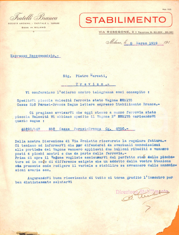 1919 MILANO Stabilimento BRANCA invia FERNET a Distilleria Pietro MARCATI