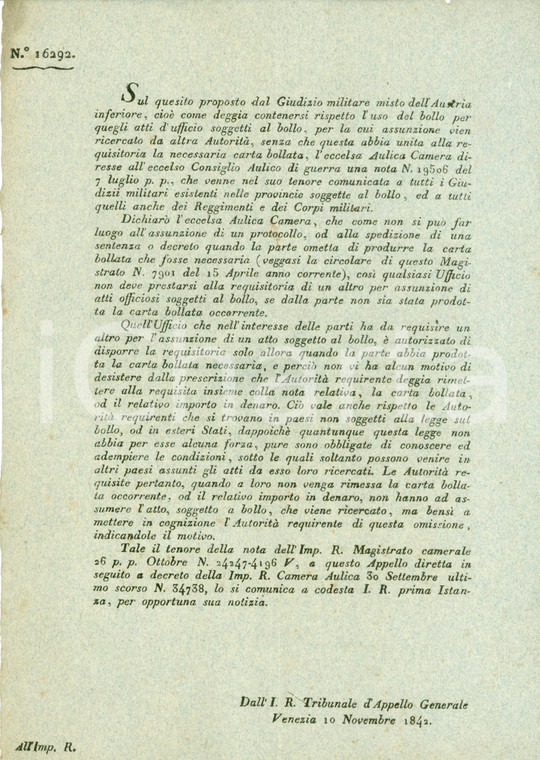 1842 VENEZIA Uso carta bollata Giudizi Militari IMPERIAL REGIO GOVERNO