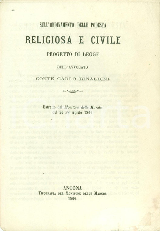 1866 Carlo RINALDINI Ordinamento podestà religiosa e civile Progetto legge