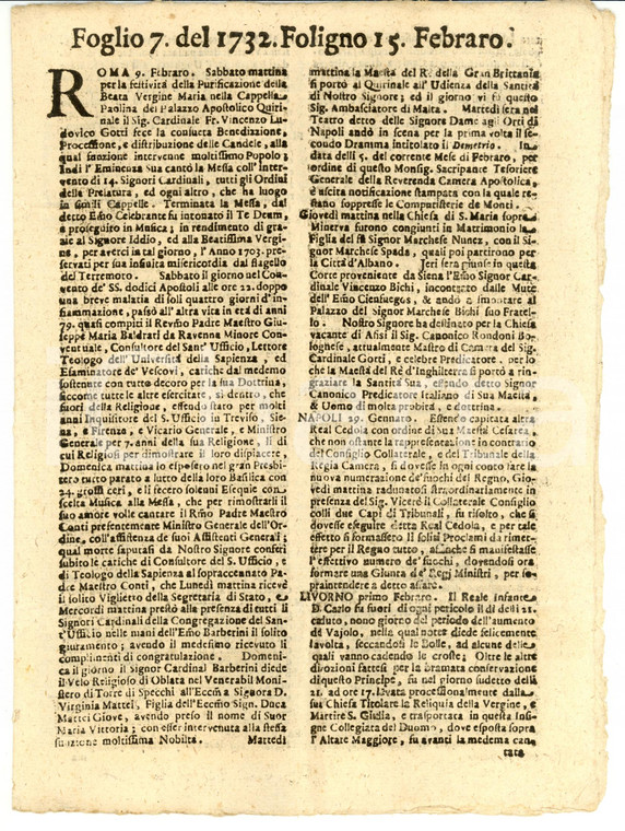1732 Giornale di FOLIGNO n. 7 L'Infante don CARLO scampa al vaiolo