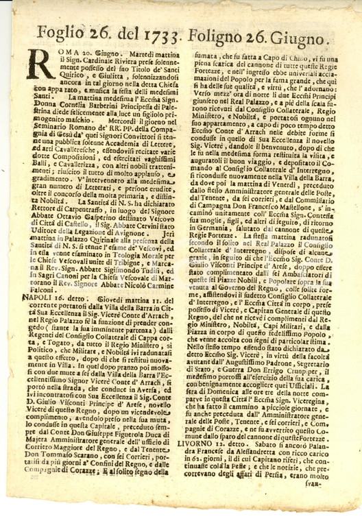 1733 Giornale di FOLIGNO n. 26 Lite per il porto di GRAVELINES