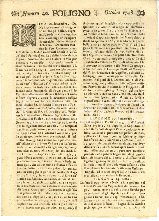 1748 Giornale di FOLIGNO n. 40 CINA Martirio vescovo Pietro SANZ