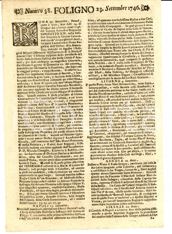 1746 Giornale di FOLIGNO n. 38 GENOVA si arrende agli Austriaci