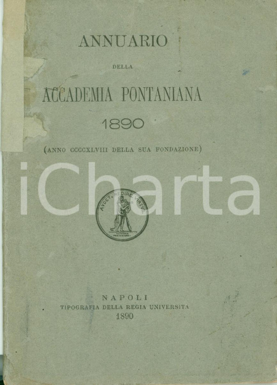 1890 NAPOLI Annuario della Accademia Pontaniano Elenco soci cenno storico