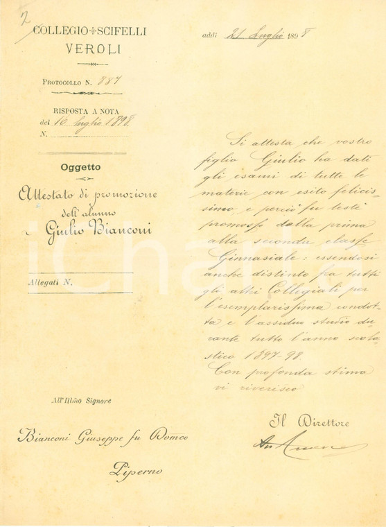 1898 VEROLI (FR) Promozione di Giulio BIANCONI al Collegio di SCIFELLI
