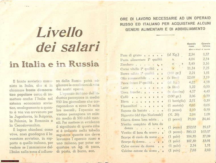 1950 ca ANTICOMUNISMO Livello dei salari in Italia e in Russia *PROPAGANDA (1)