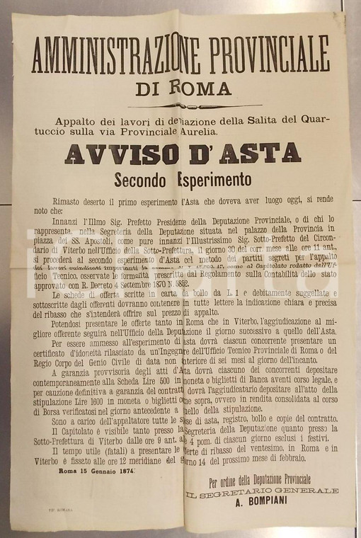 1874 ROMA Appalto per deviazione SALITA DEL QUARTUCCIO su Via AURELIA *Manifesto