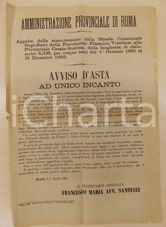 1891 ROMA Appalto manutenzione Strada Consorziale NEPI - SUTRI *Manifesto