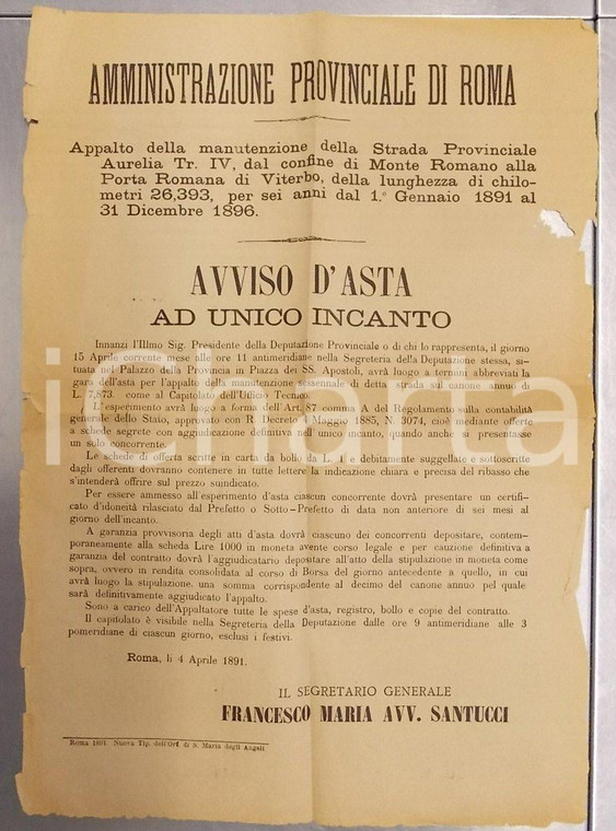 1891 ROMA Appalto manutenzione Via AURELIA da MONTE ROMANO a VITERBO Manifestino