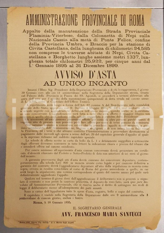 1895 ROMA Appalto manutenzione Strada FLAMINIA VITERBESE Manifestino DANNEGGIATO