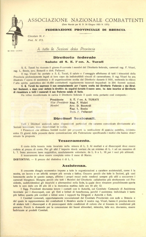 1932 BRESCIA ASSOCIAZIONE NAZIONALE COMBATTENTI Saluto Augusto TURATI *Circolare