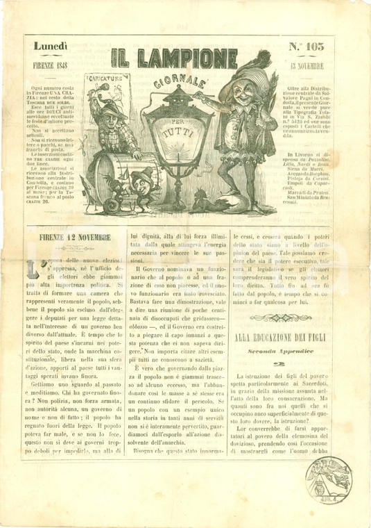 1848 FIRENZE Giornale LAMPIONE Per governare ci vuole il Governo, non il popolo