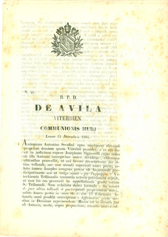 1865 VITERBO Antonio SERAFINI Giuseppe SIGNORELLI in lite per un muro in comune