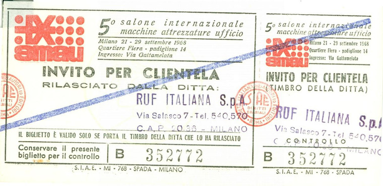 1968 MILANO Invito 5° SMAU Salone Macchine attrezzature ufficio RUF ITALIANA (1)