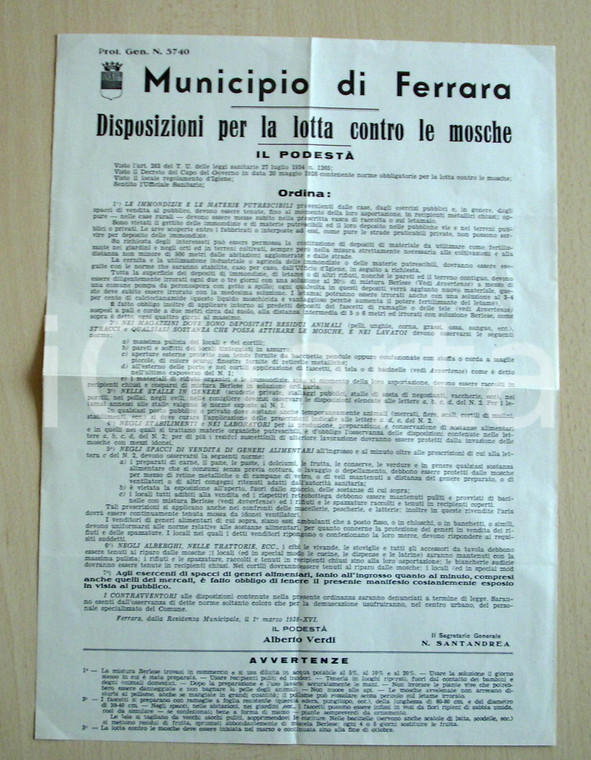 1938 FERRARA Ordini per lotta contro mosche MANIFESTO