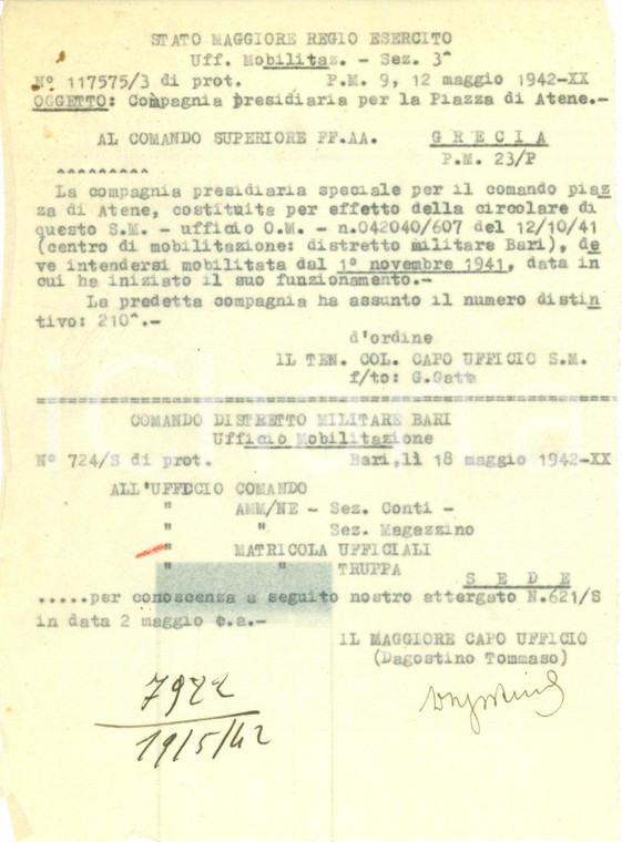 1942 ATENE (GRECIA) WWII Compagnia Presidiaria Speciale mobilitata da novembre