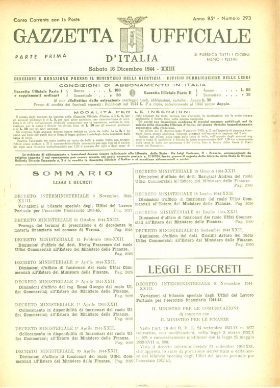 1944 GAZZETTA UFFICIALE RSI Dimissioni funzionari disertori 8 settembre 1943