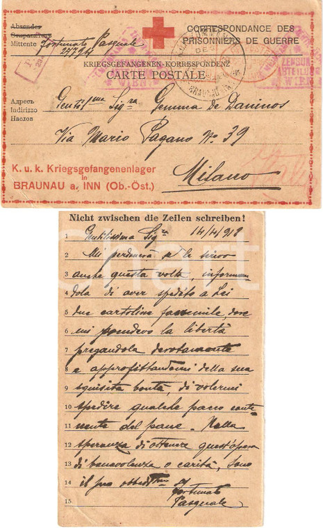 1918 BRAUNAU AM INN (AU) Serg. Pasquale FORTUNATO chiede pane a Gemma DE DANINOS