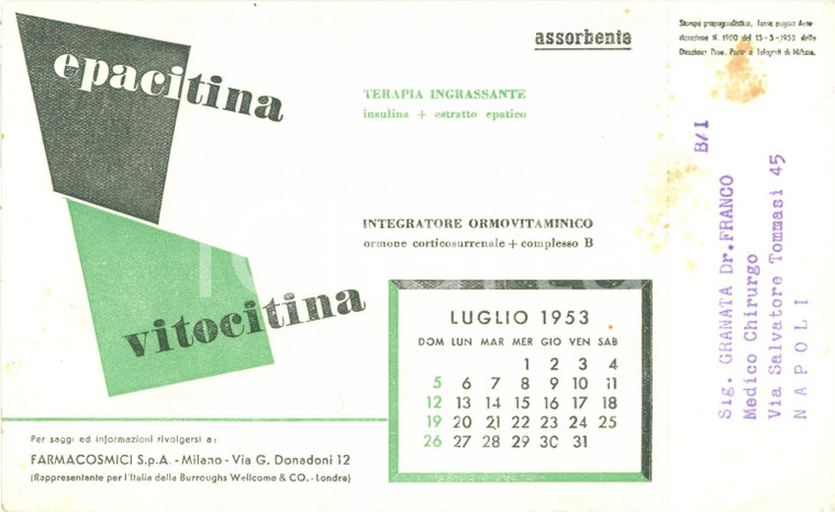 1953 MILANO Epacitina Vitocitina FARMACOSMICI s.p.a. Pubblicità carta assorbente