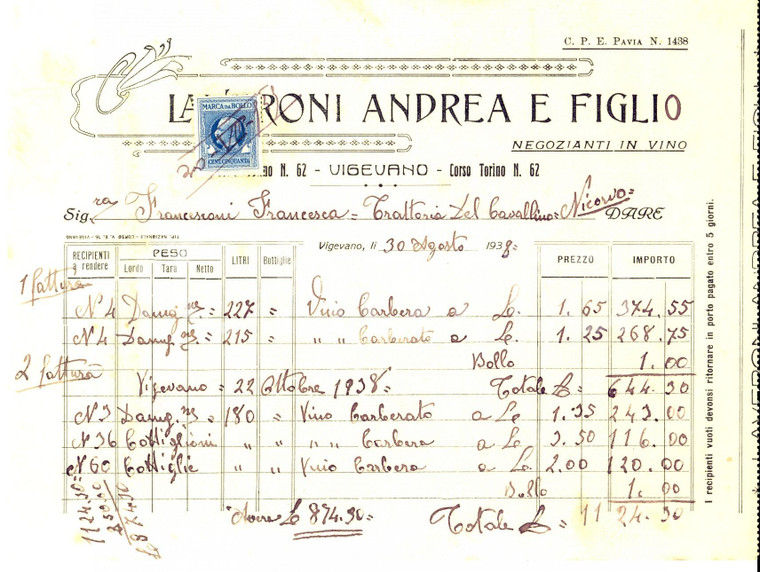 1938 VIGEVANO (PV) Ditta Andrea LAVERONI vino *Fattura intestata 21x16