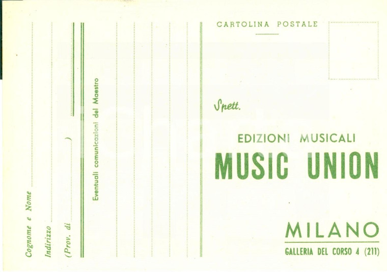 1950 ca MILANO Cedola Edizioni Musicali MUSIC UNION *Cartolina