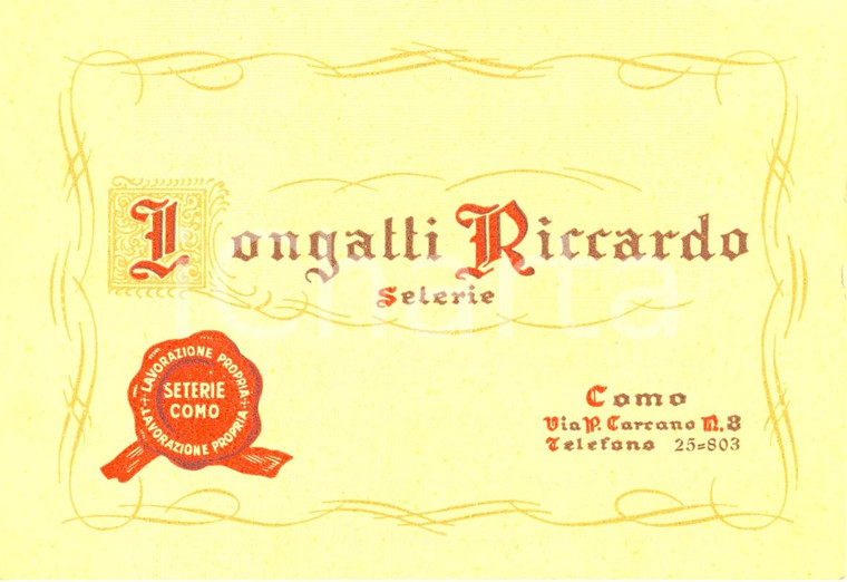 1950 ca COMO Riccardo LONGATTI Lavorazione propria di SETA Cartoncino pubblicità