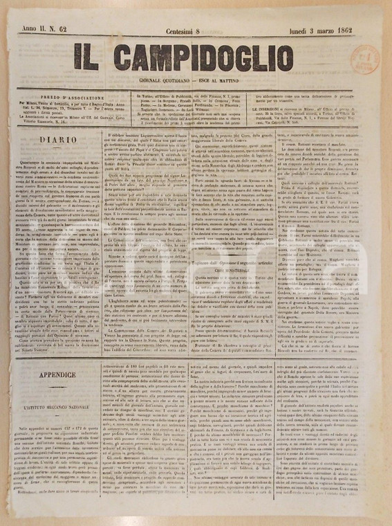 1862 MILANO Giornale IL CAMPIDOGLIO Utilità dell'Istituto Meccanico Nazionale