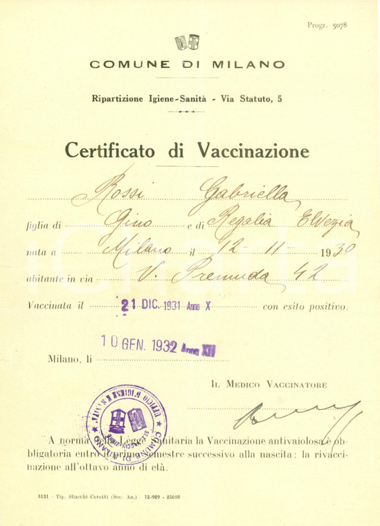 1932 MILANO Prima vaccinazione di Gabriella ROSSI *Documento